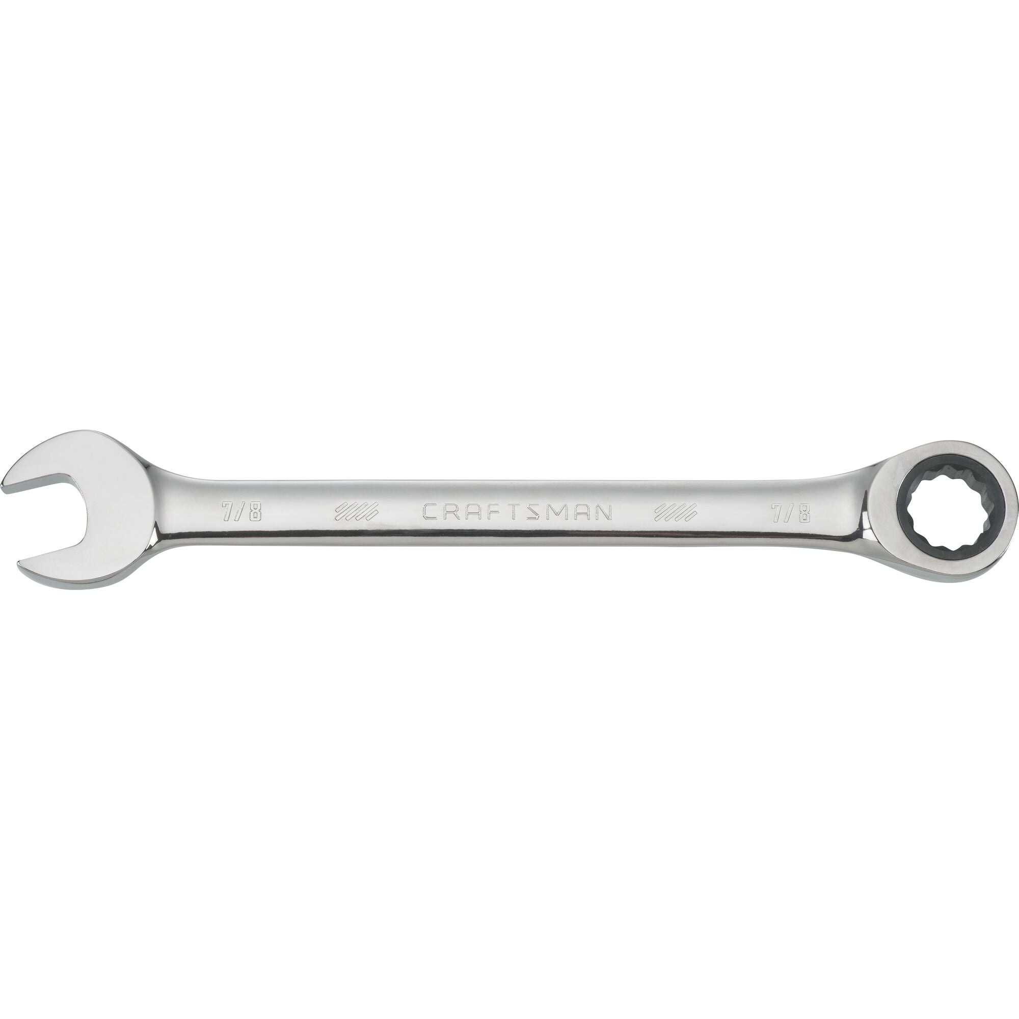 7 eighths inch 72 tooth 12 point S A E ratcheting wrench.