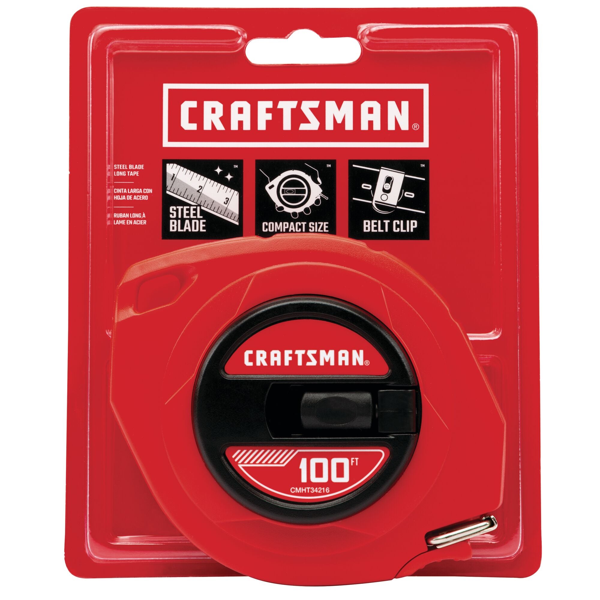 100 foot craftsman tape measure, steel blade in plastic packaging.