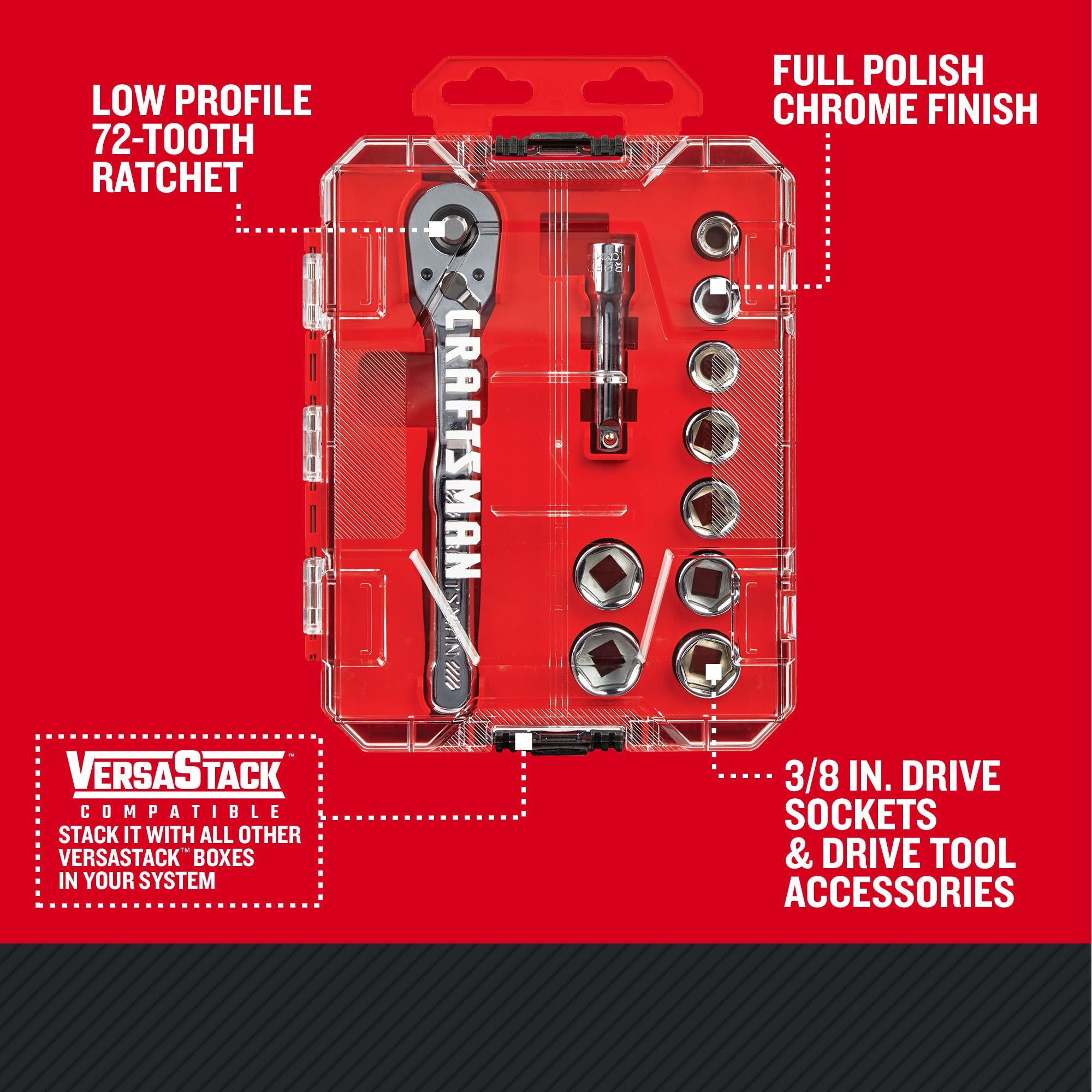 CRAFTSMAN Low Profile 11 piece 3/8 inch drive NANO MECHANICS TOOL SET with features and benefits highlighted