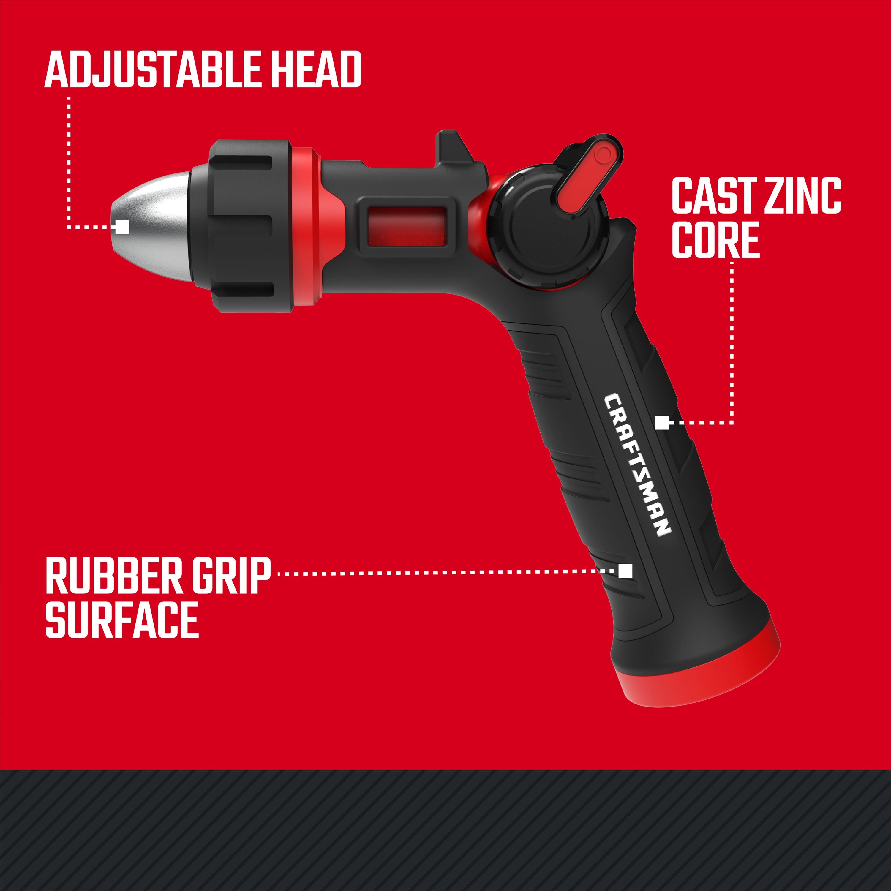 Craftsman ultimate adjustable water nozzle with thumb control. Featuring cast zinc core and rubber grip surface graphic