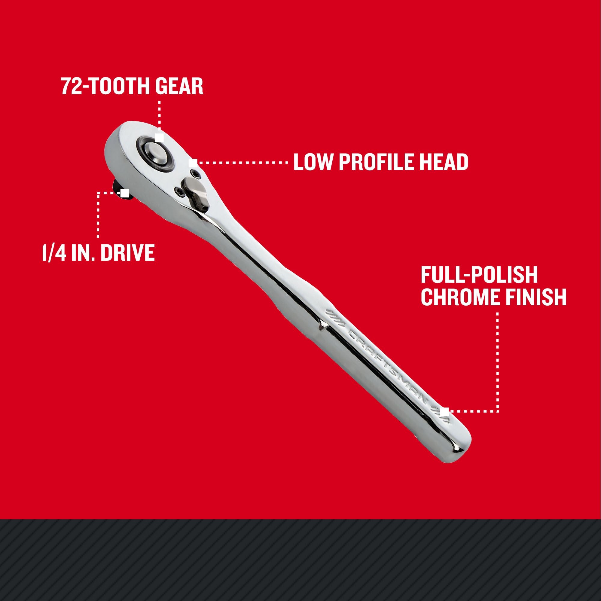 CRAFTSMAN Low Profile 1/4IN DRIVE 72 TOOTH PEAR HEAD RATCHET with features and benefits highlighted