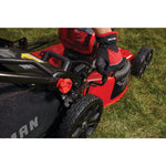 Single lever height adjustment feature of cordless 21 inch 3 in 1 lawn mower kit 5 amp hour.