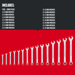 Front view of Craftsman Metric Combination Wrench Set 15 pc. showing one 8 mm wrench, one 9 mm wrench, one10 mm wrench, one 11 mm wrench, one 12 mm wrench, one 13 mm wrench, one 14 mm wrench, one 15 mm wrench, one 16 mm wrench, one 17 mm wrench, one 18 mm wrench, one 19 mm wrench, one 20 mm wrench, one 21 mm wrench, and one 22 mm wrench