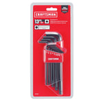 13 piece 7.85 inch craftsman quarter s a e long arm ball end hex key set in plastic packaging.