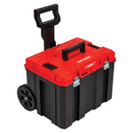 Left profile of Versastack system 20 inch red plastic wheeled lockable tool box.