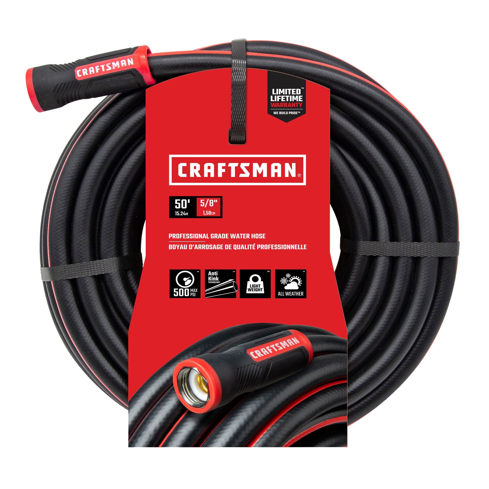 Black and red craftsman professional-grade water hose, 50-foot by 5/8 inch, front-facing in packaging. 