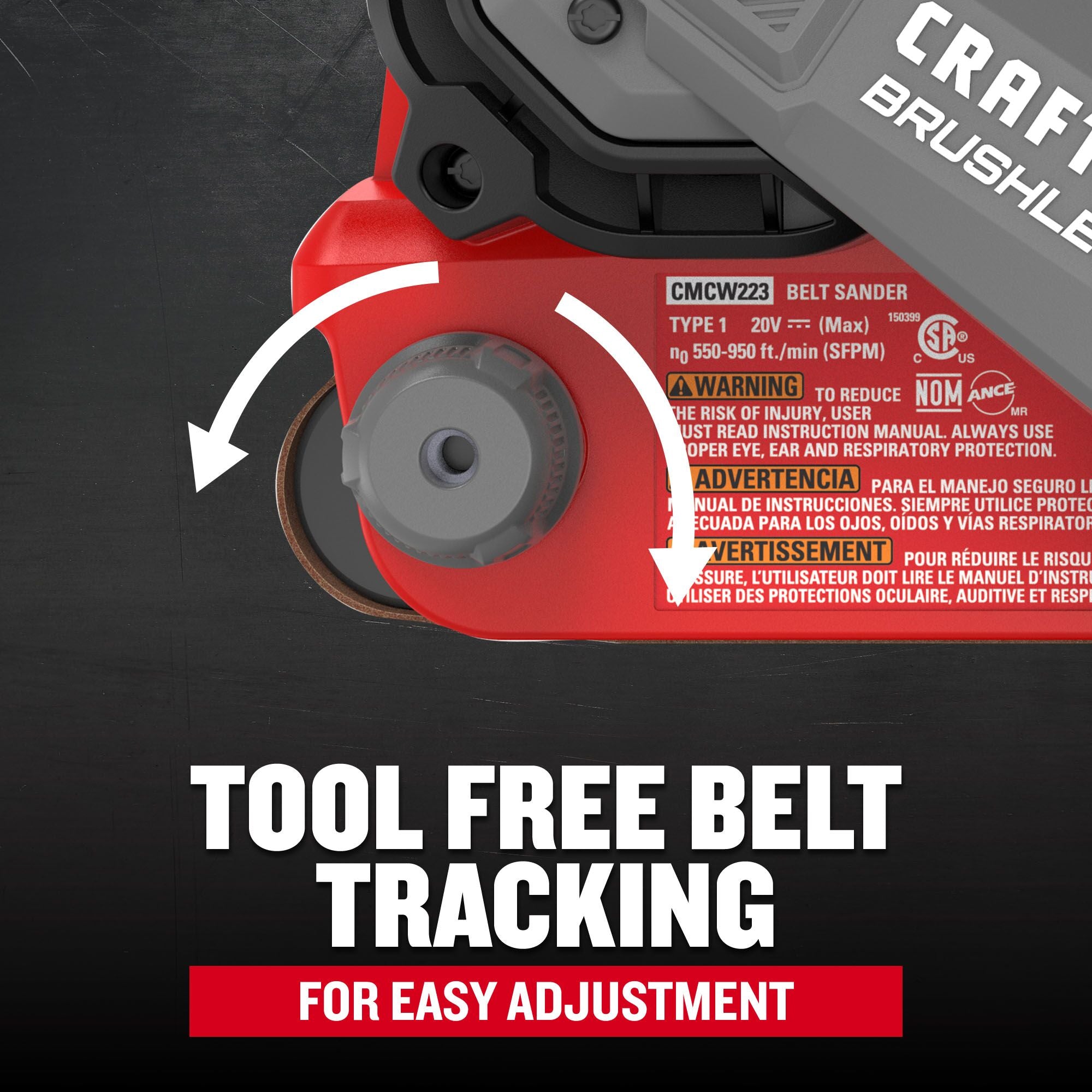 Tool free belt tracking for easy adjustment