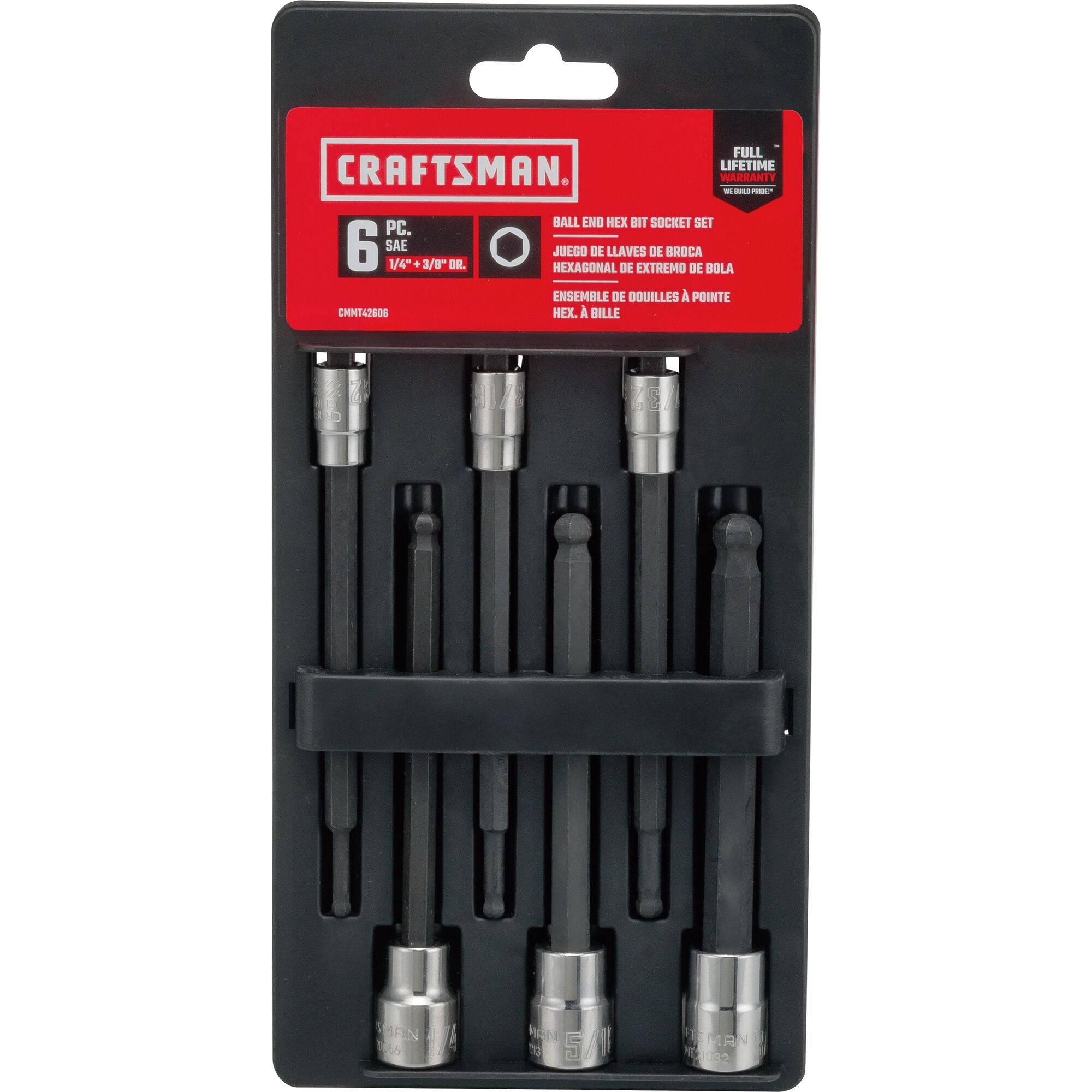 6 piece 3 eighths inch drive S A E long ball hex bit socket set in packaging.