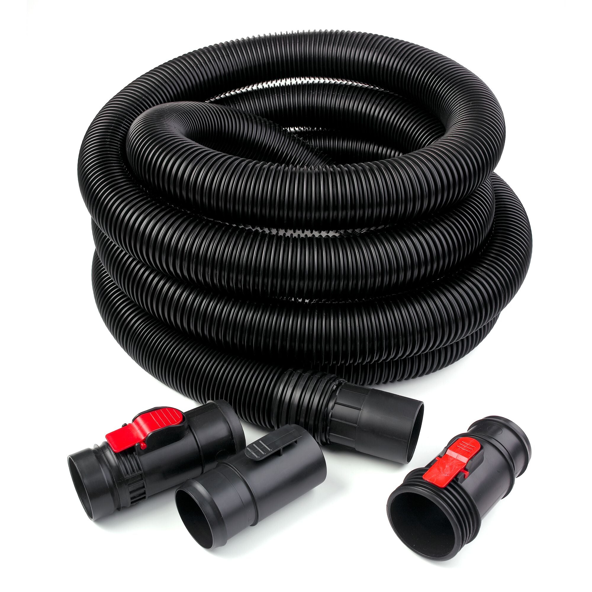 Front view of coiled-up 2-1/2 inch diameter by 20-foot length locking hose accessory with 3 adapters