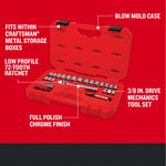 CRAFTSMAN Low Profile 33 piece 3/8 inch drive MECHANICS TOOL SET with features and benefits highlighted