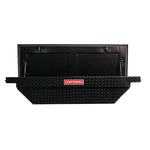 61.5 inch by 20 inch by 13 inch Matte black aluminum crossover truck tool box placed in car.