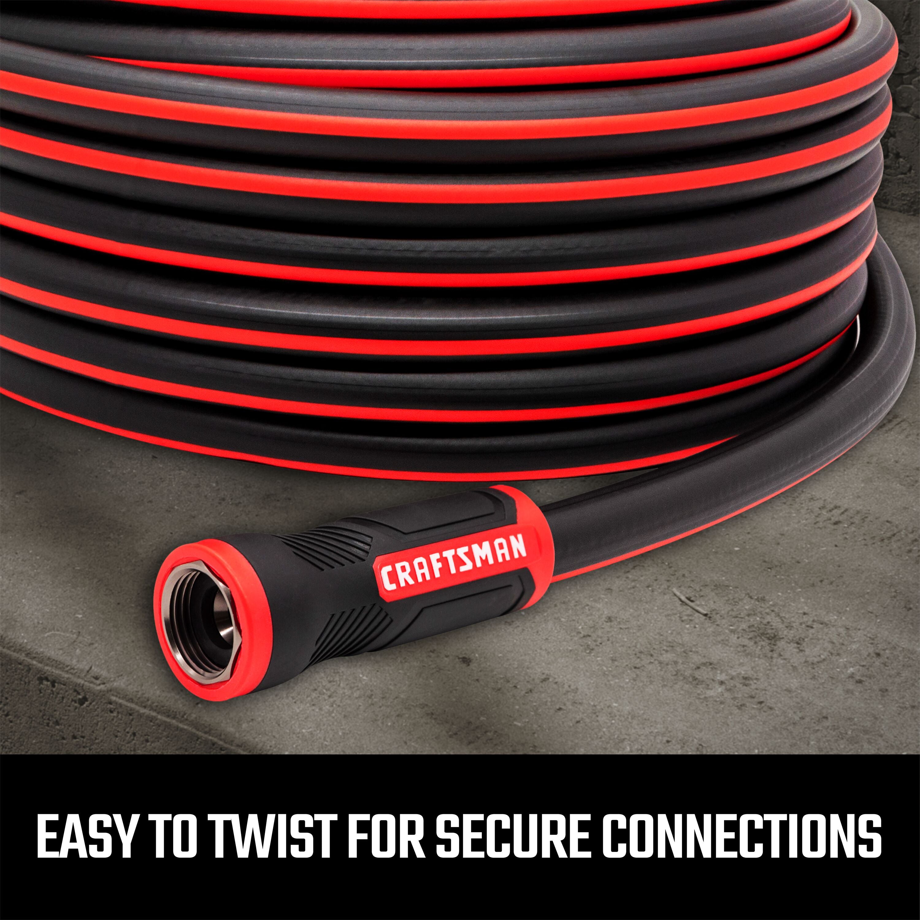 Craftsman professional-grade water hose, 50-foot by 5/8 inch featuring easy twist couplings for secure connections graphic