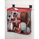 Black and red VERSATRACK Ball Organizer filled with sports balls attached to white VERSATRACK trackwall