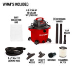 Right facing CRAFTSMAN 16 Gallon 6.5 Peak HP Wet/Dry Vac with product specifications and dimensions