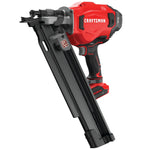 Left profile of 20 volt brushless cordless 21 degree plastic collated framing nailer.