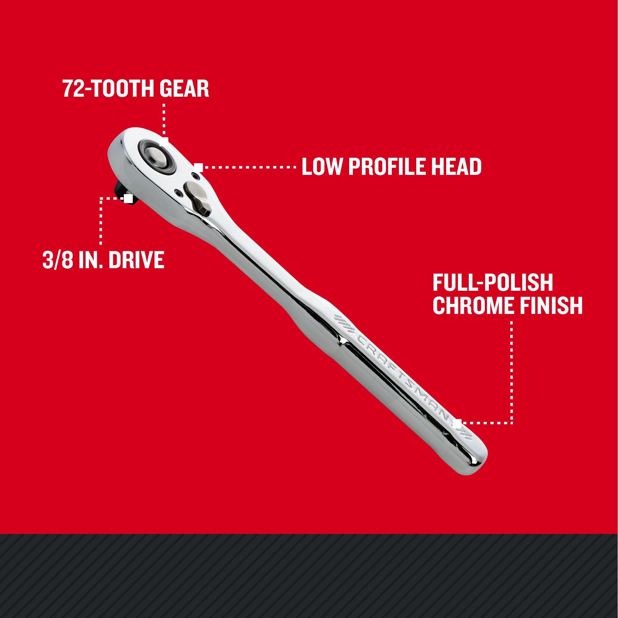 CRAFTSMAN Low Profile 3/8IN DRIVE 72 TOOTH PEAR HEAD RATCHET with features and benefits highlighted