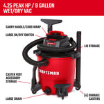 Left facing CRAFTSMAN 9 Gallon 4.25 Peak HP Wet/Dry Vac with product features and specifications  