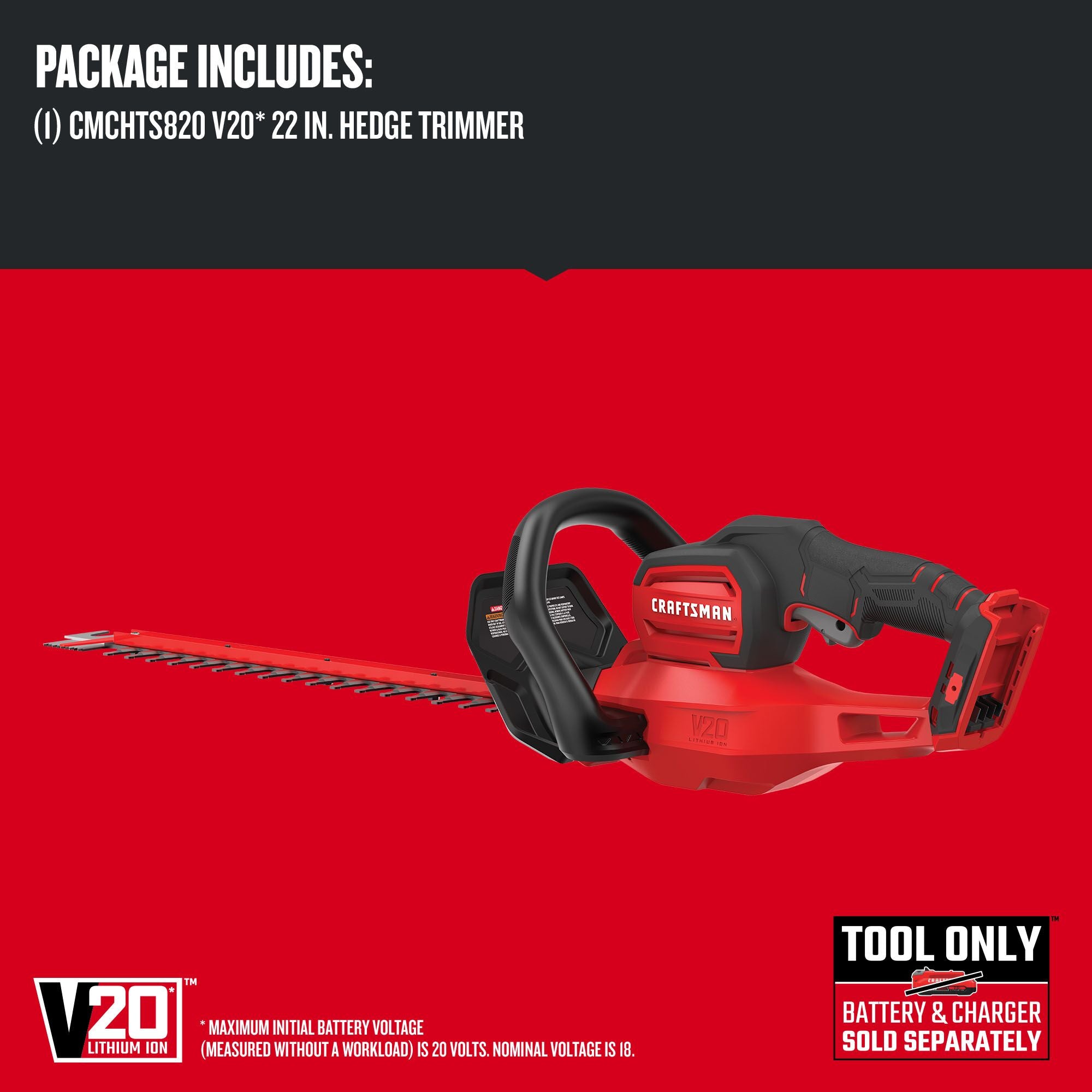 20-Volt Cordless Hedge Trimmer, Lithium-Ion Battery, 22-In.