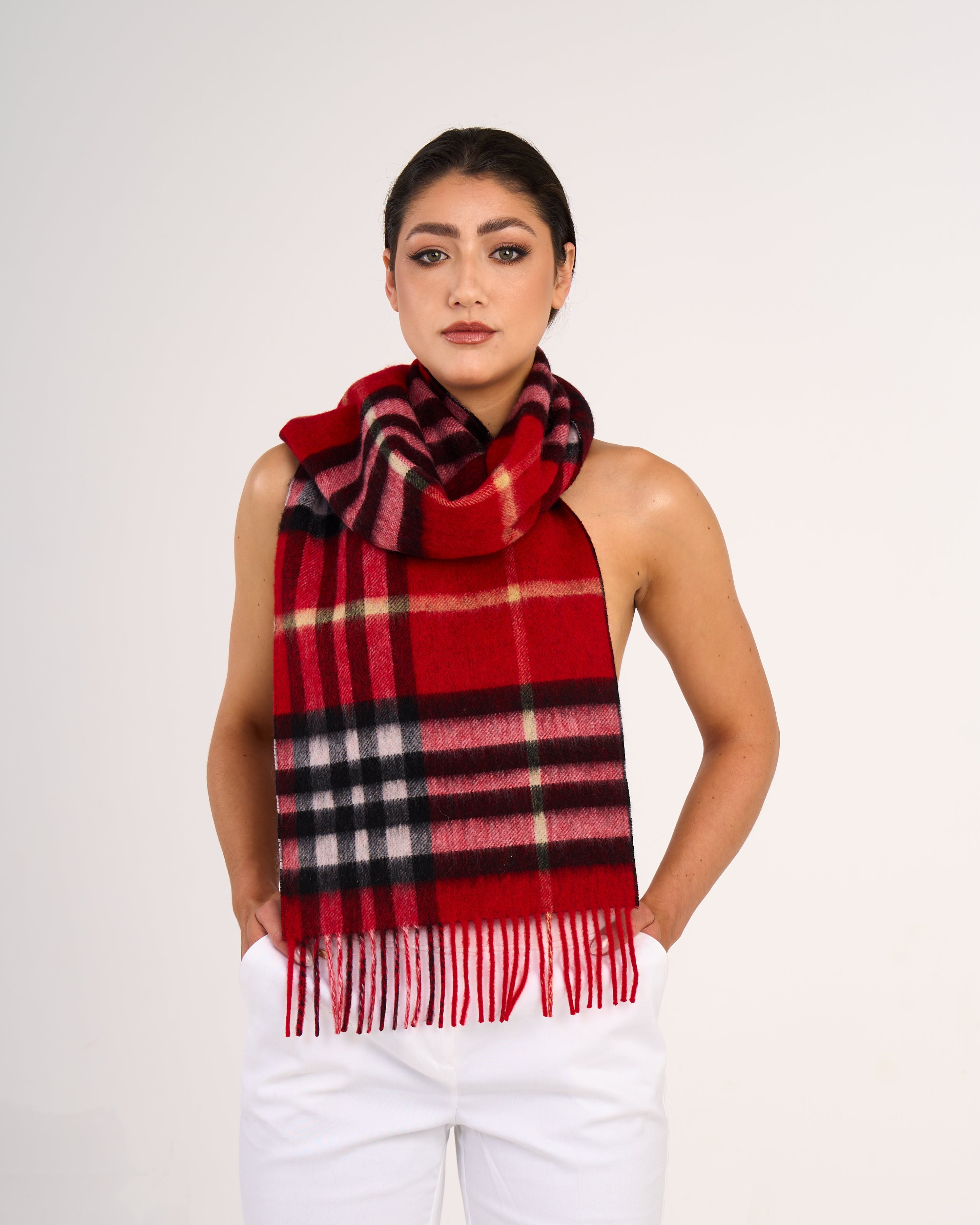 Woman Wearing Red and Brown DC Scott Wool Scarf