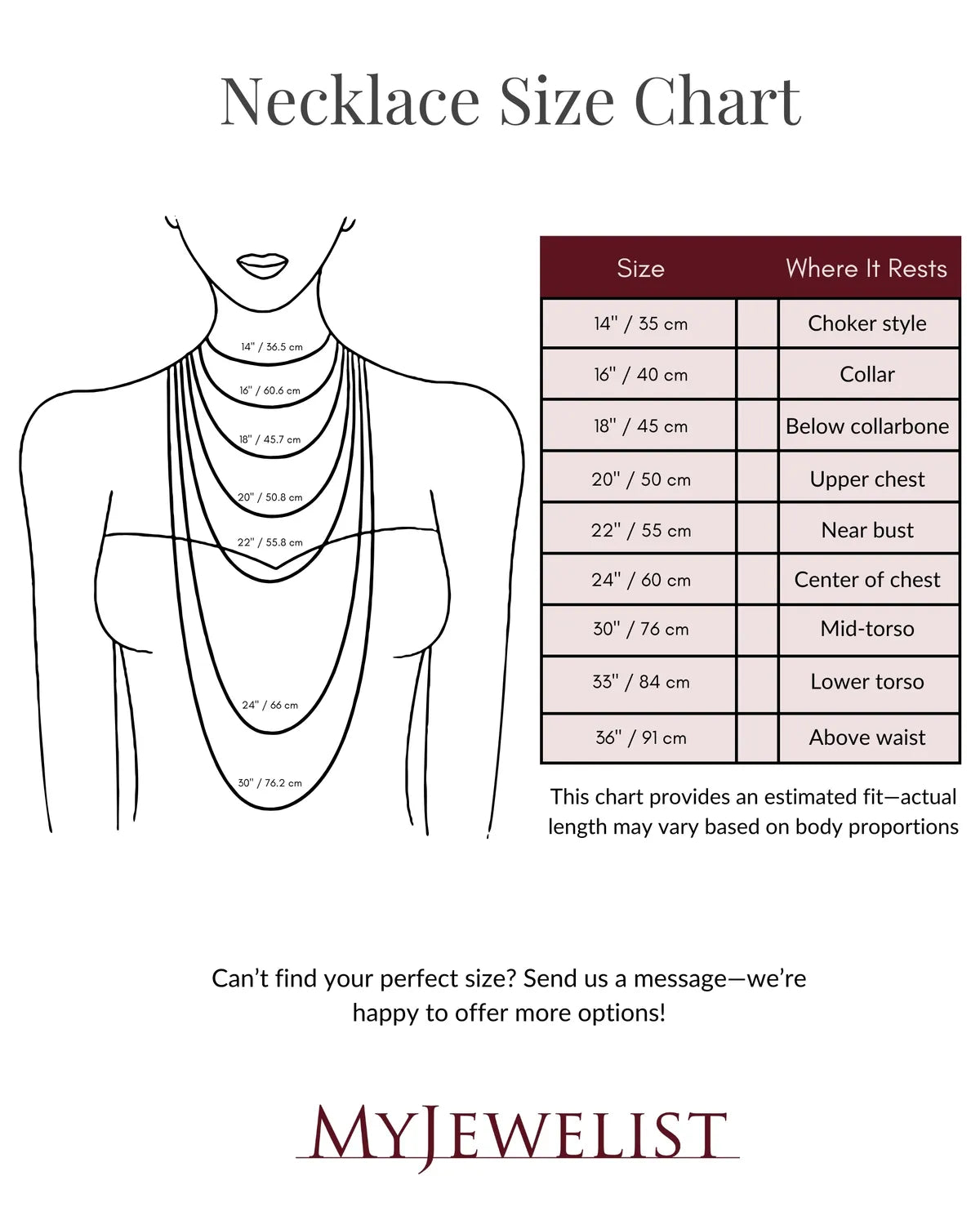 "Necklace size chart by MyJewelist illustrating necklace length measurements in inches and centimeters. Includes a visual guide showing where each size rests on the body, from choker style to long pendant lengths.