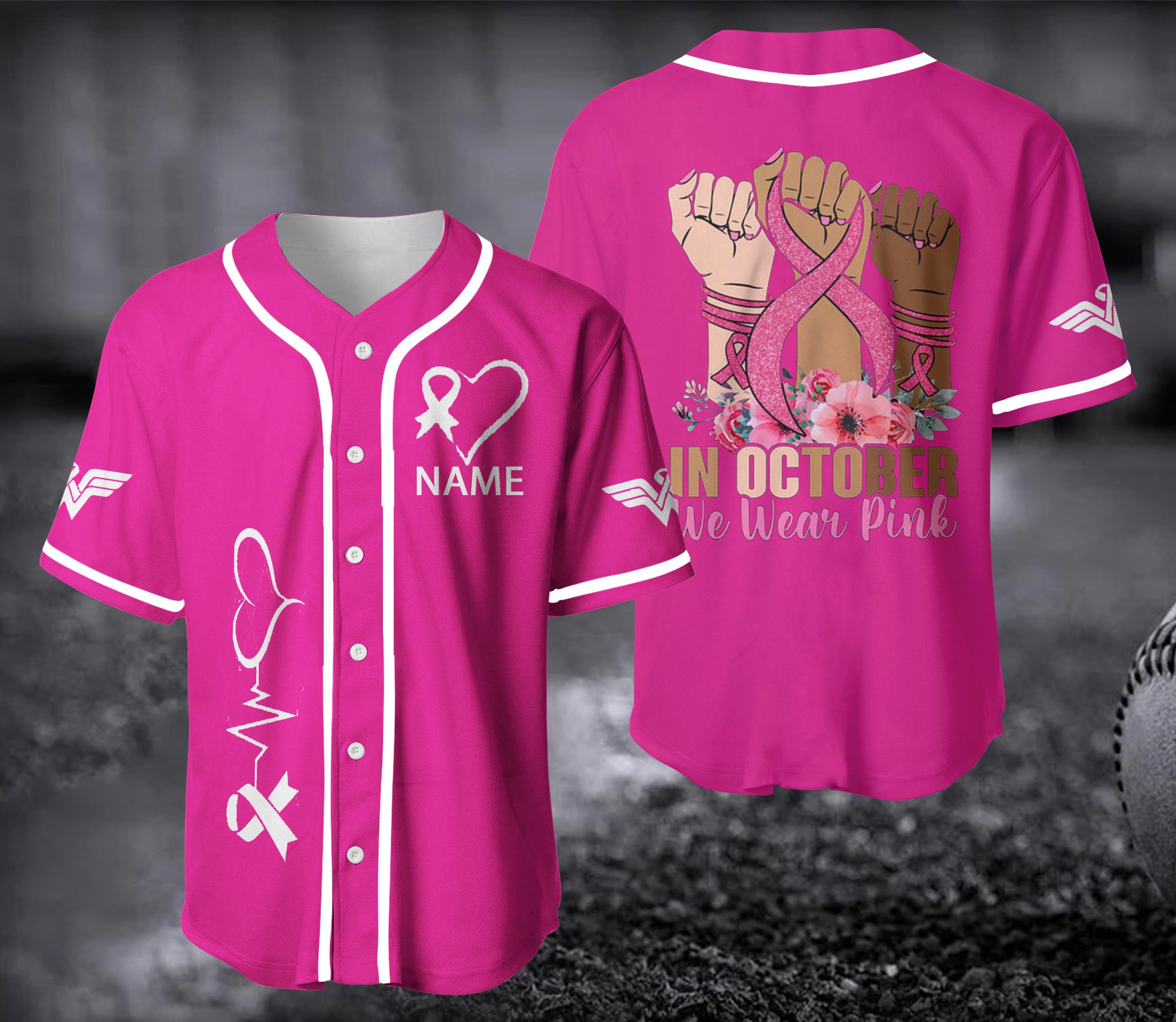 Personalized Hand In October We Wear Pink Breast Cancer Baseball Jerse