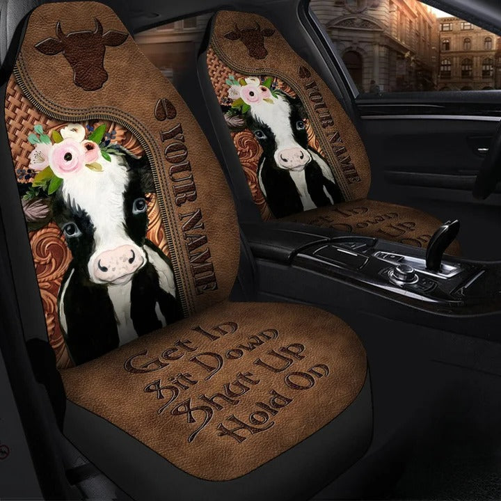 Personalized Name Cow Leather Hold on Car Seat Covers Universal Fit