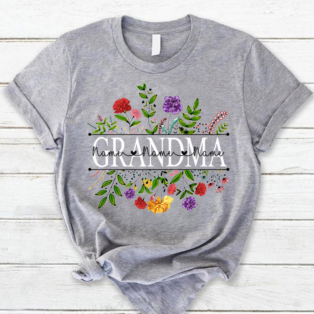 Personalized Grandma With Grandkid's Names Carnation Frame Shirt For G