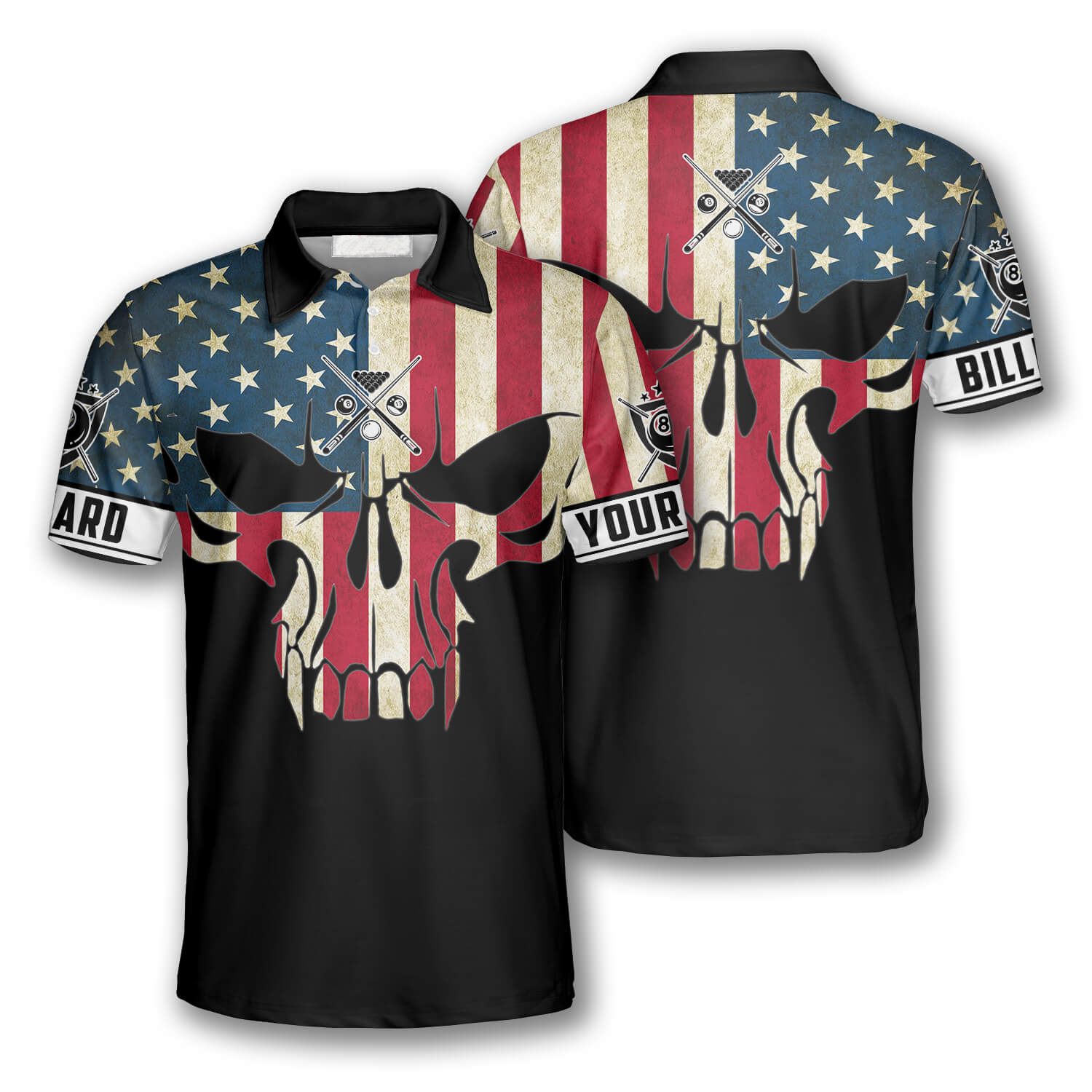 Billiard Retro Skull American Flag Custom Billiard Shirts for Men, Ame