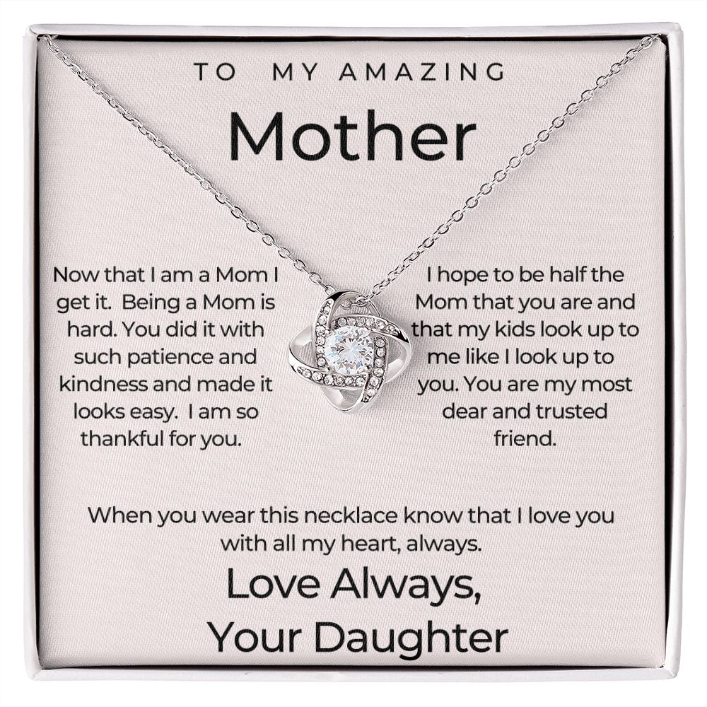 to Military Mom Gift from Daughter or Son, Love Knot Pendant Necklace for Mother's Day, Birthday or Christmas, Deployed Mom 14K White Gold Finish /