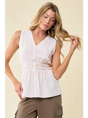 Cinched Waist Button Front Blouse - Cream - BLUE TAYLOR - Button Front Blouses For Women