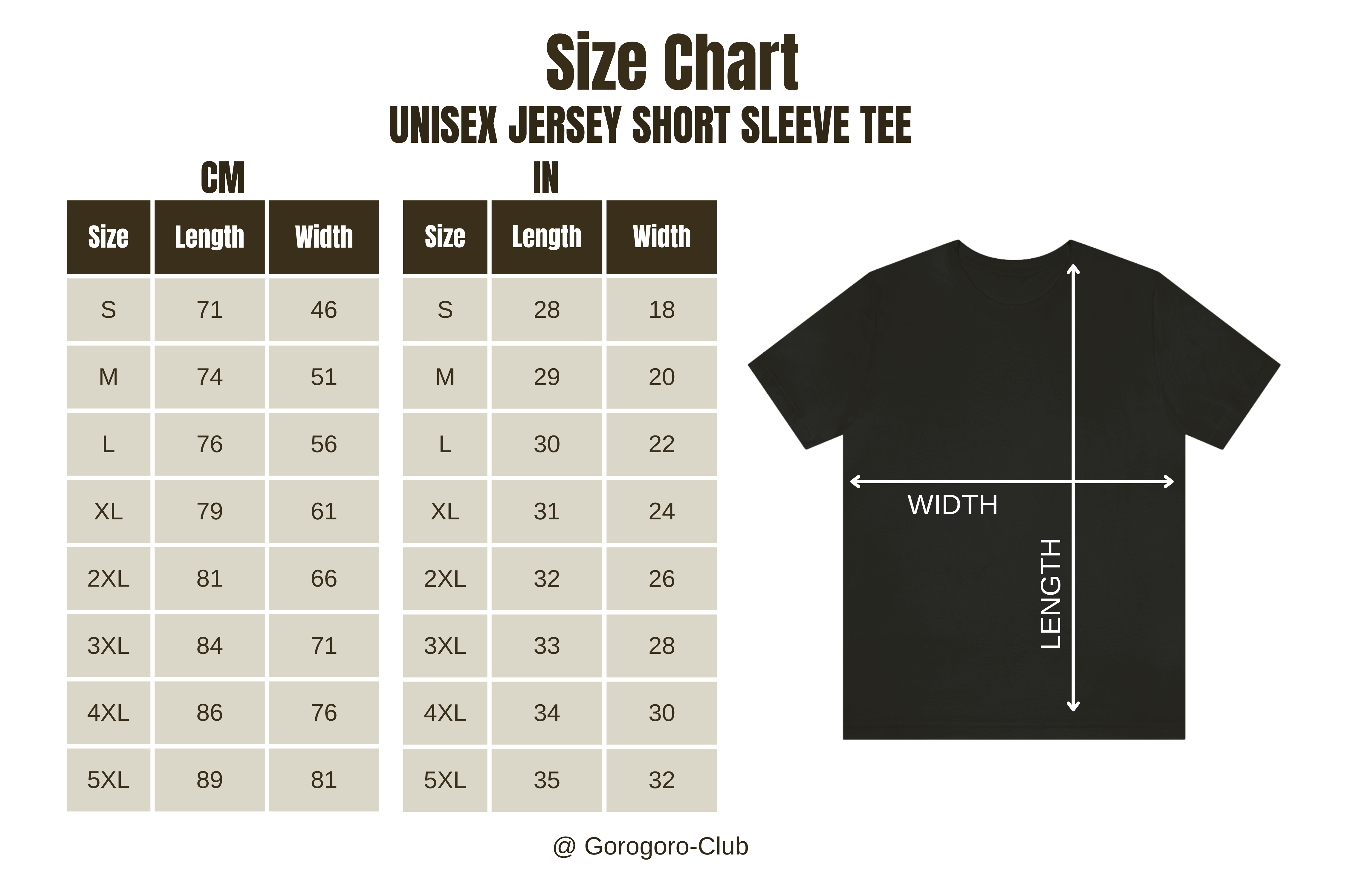 Unisex Jersey Short Sleeve Tee Size Chart – Gorogoro Club
