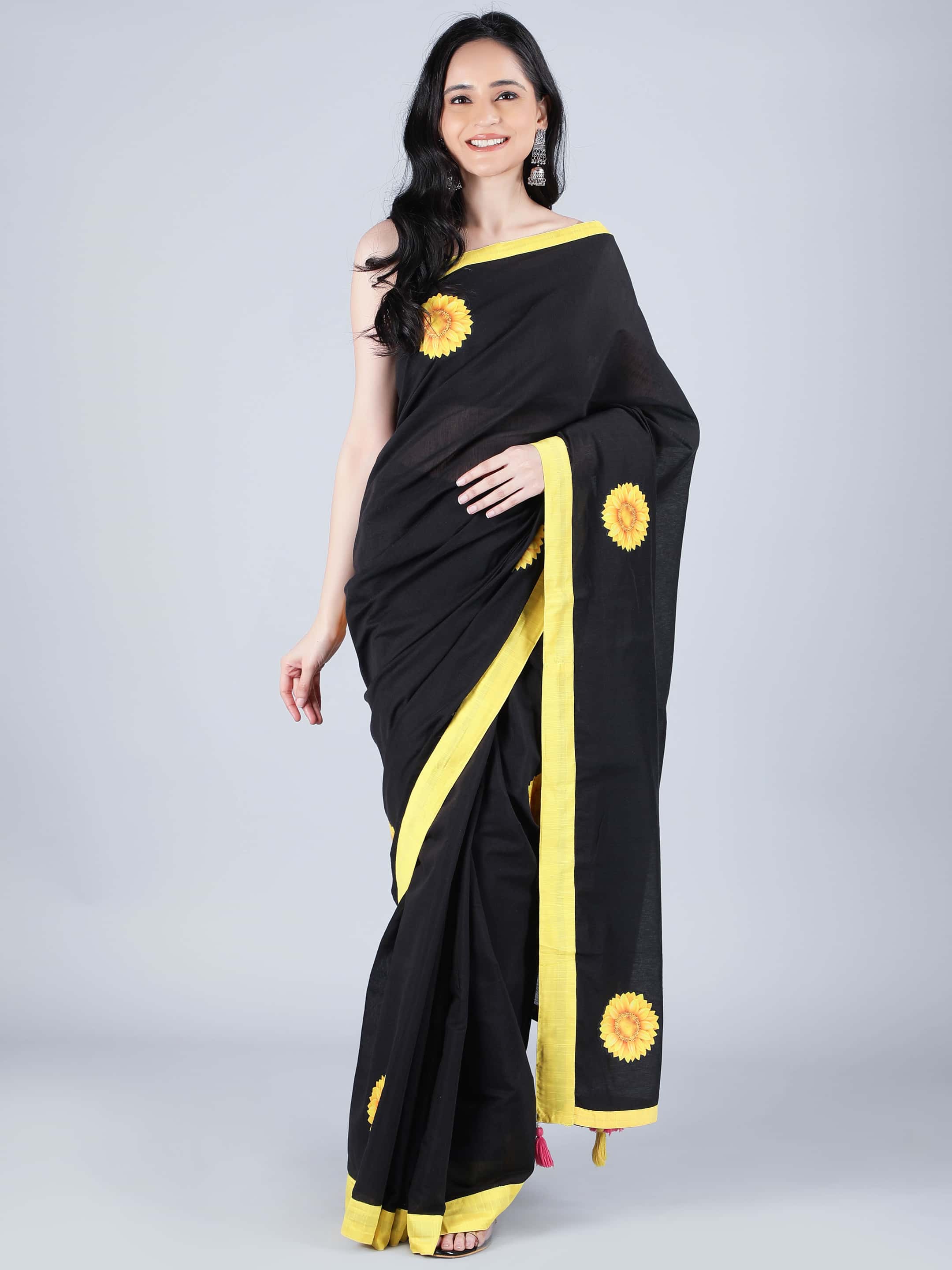 Black chanderi saree with yellow sunflower applique – Samanki