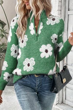 Flower Half Zip Long Sleeve Sweater - Rochelle's House LLC