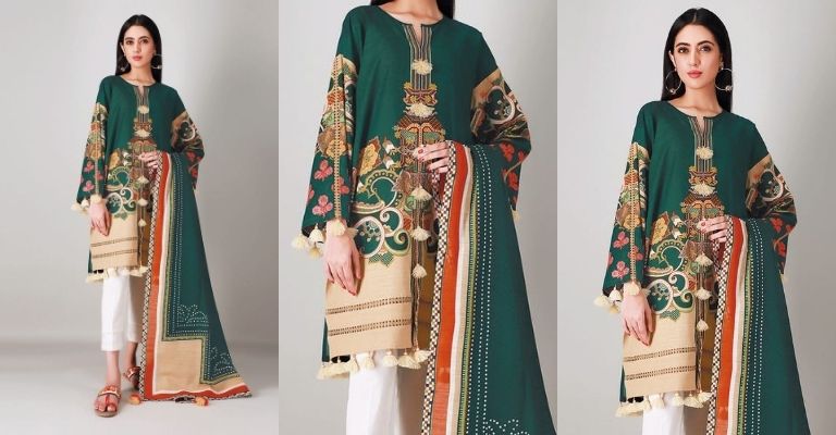 Green Light Khaddar Printed Kameez Dupatta