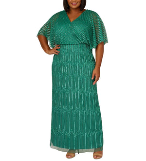 Adrianna Papell Plus Size Hand-Beaded Flutter-Sleeve Gown - DGFOutlet