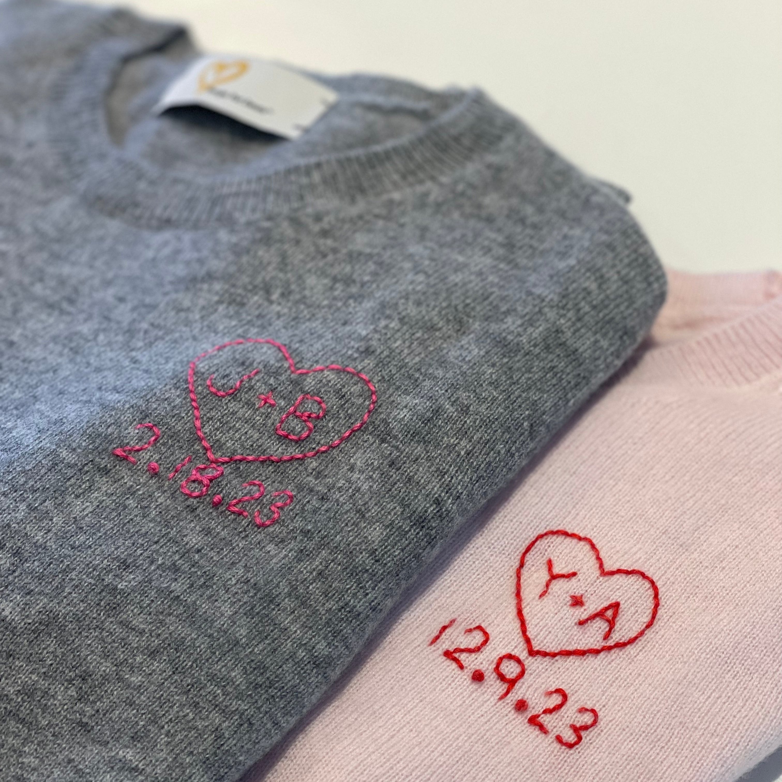 DTD CUSTOM HEART/DATE Cashmere Sweater with Custom Hand Embroidery