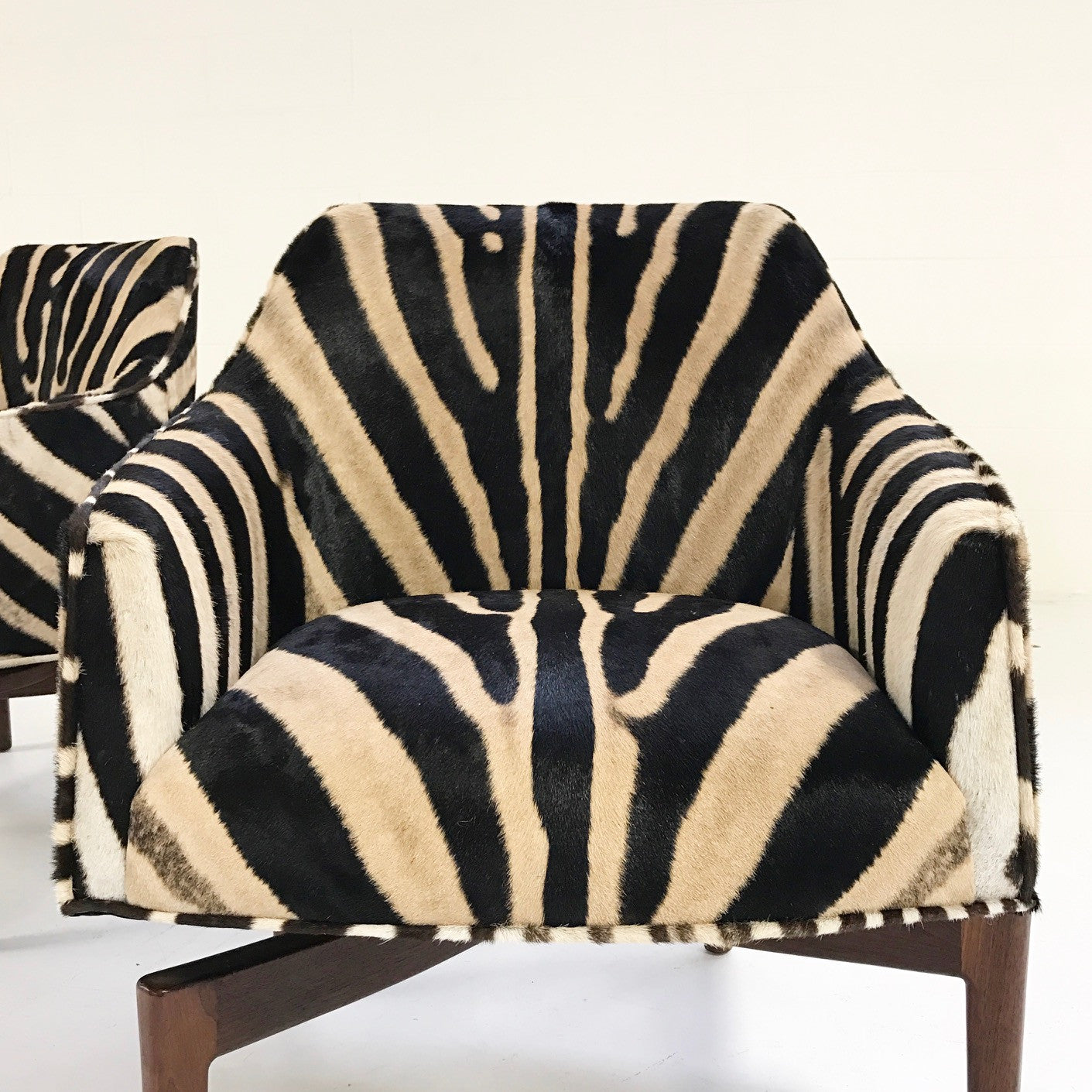 Walnut Swivel Chairs in Zebra Hide, pair – FORSYTH