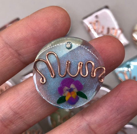 Handmade Mum pendant with copper wire name and handmade polymer clay pansy flower