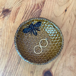 Handmade Pottery Small Dish with Bee Design and Honeycomb Pattern