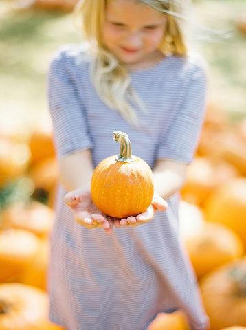 Little girl holding a pumpkin outdoors