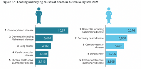 Leading underlying causes of death in Australia, by sex, 2021