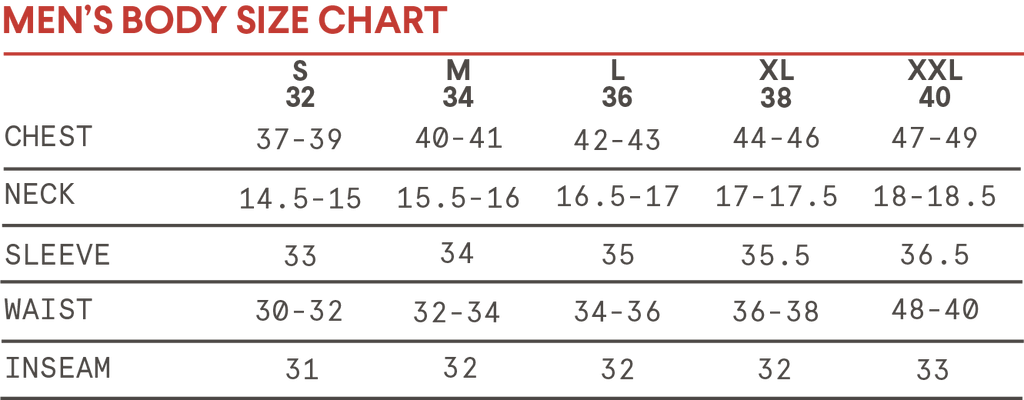 Clothing Information Our Fitting Chart Western Rise Western Rise