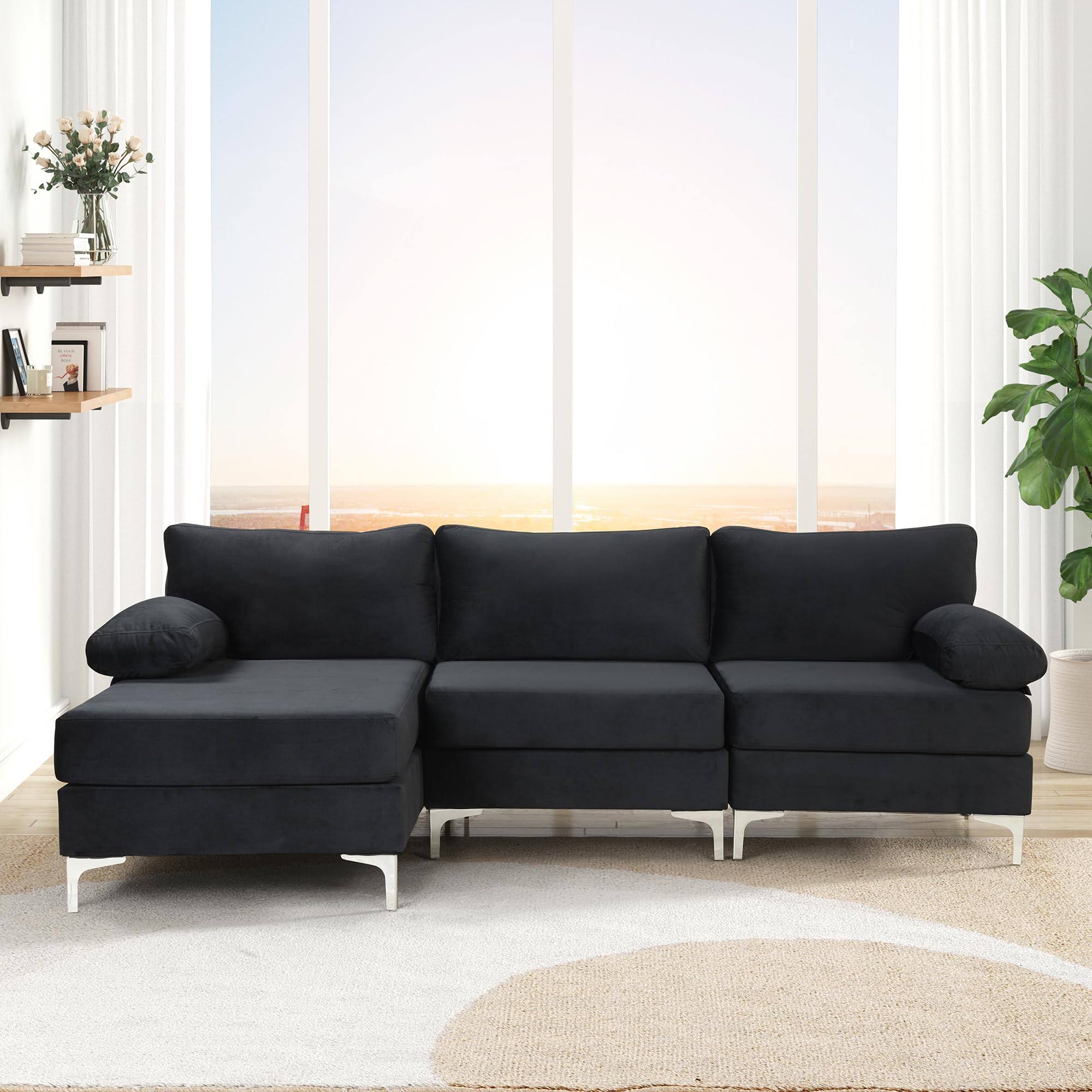 Casa Andrea Milano Modern Large Velvet Fabric Sectional Sofa L-Shape Couch With Extra Wide Chaise Lounge Dark Blue