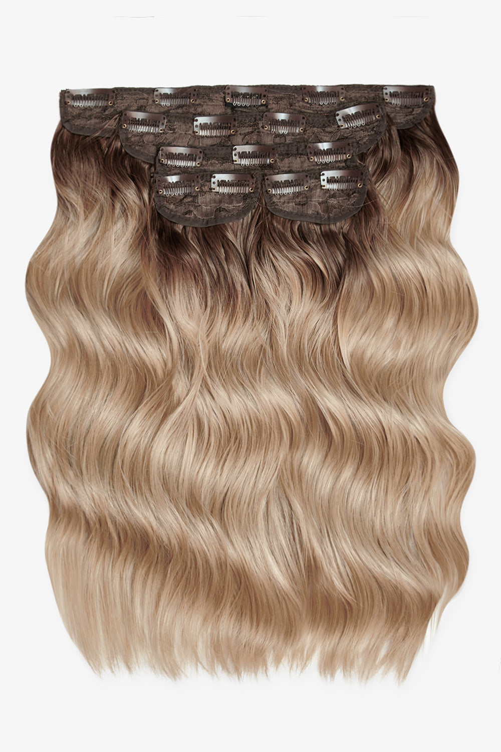 Super Thick 16’’ 5 Piece Brushed Out Wave Clip In Hair Extensions + Hair Care Bundle - Rooted California Blonde