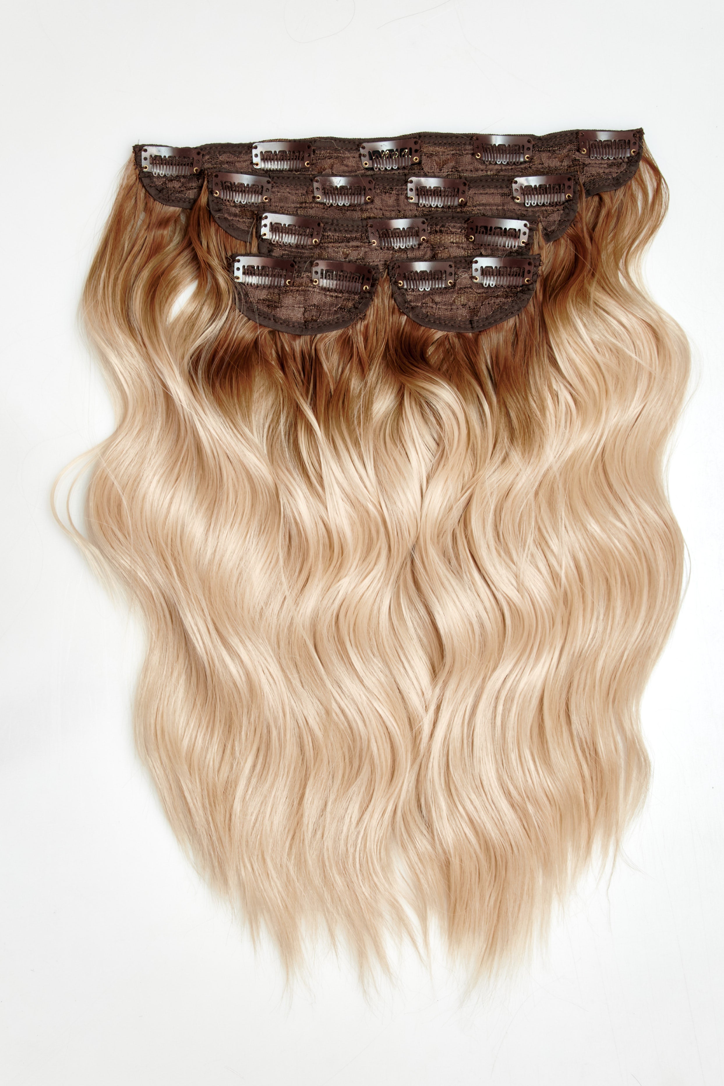 Super Thick 16’’ 5 Piece Brushed Out Wave Clip In Hair Extensions + Hair Care Bundle - Rooted Light Blonde