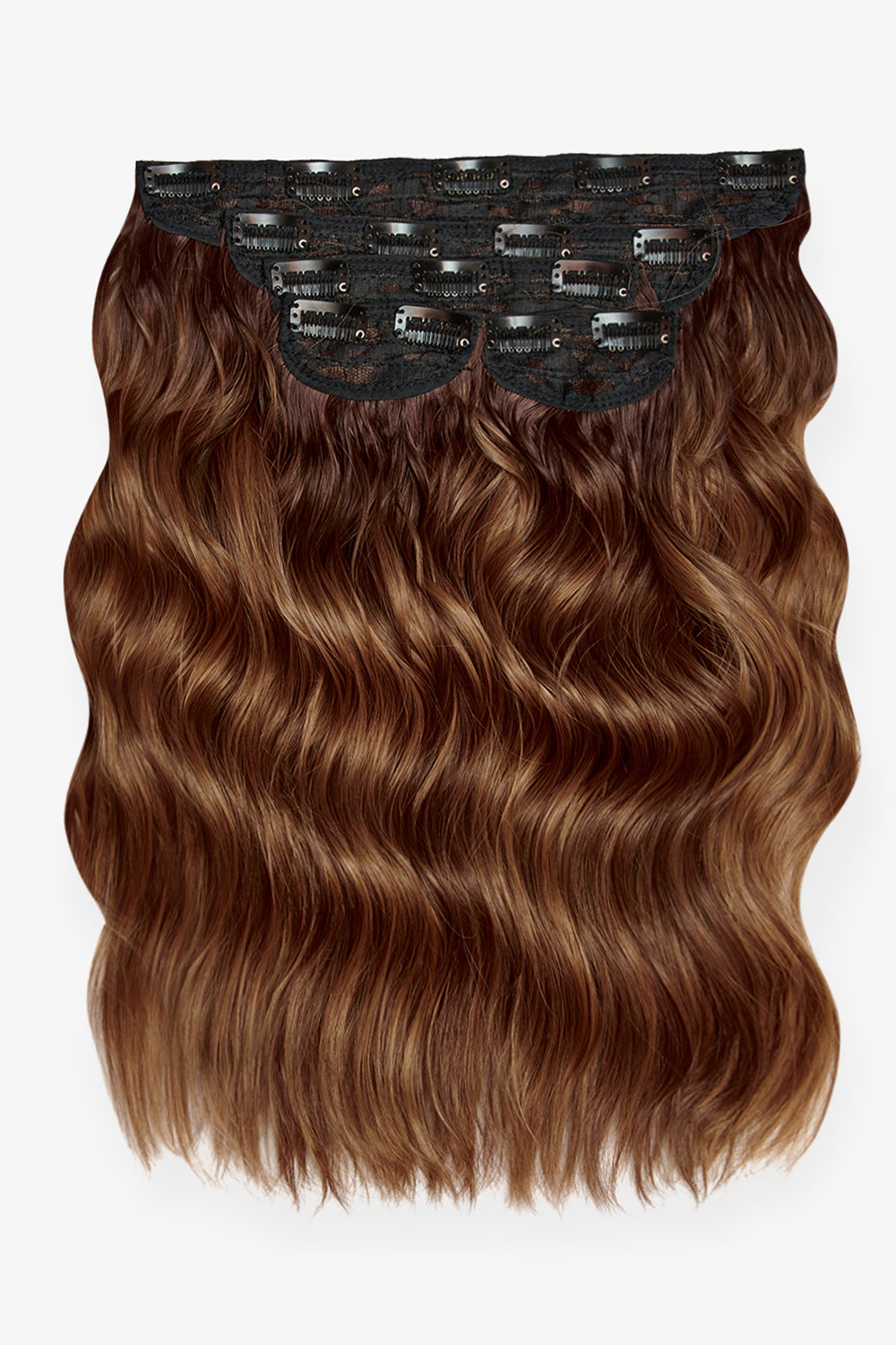 Super Thick 16’’ 5 Piece Brushed Out Wave Clip In Hair Extensions + Hair Care Bundle - Rooted Mellow Brown