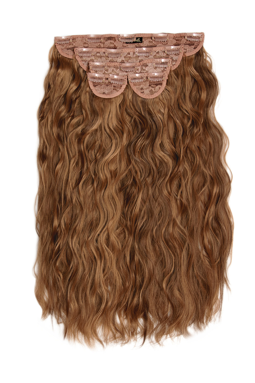 Super Thick 22" 5 Piece Crimped Clip In Hair Extensions + Hair Care Bundle - Toffee Brown