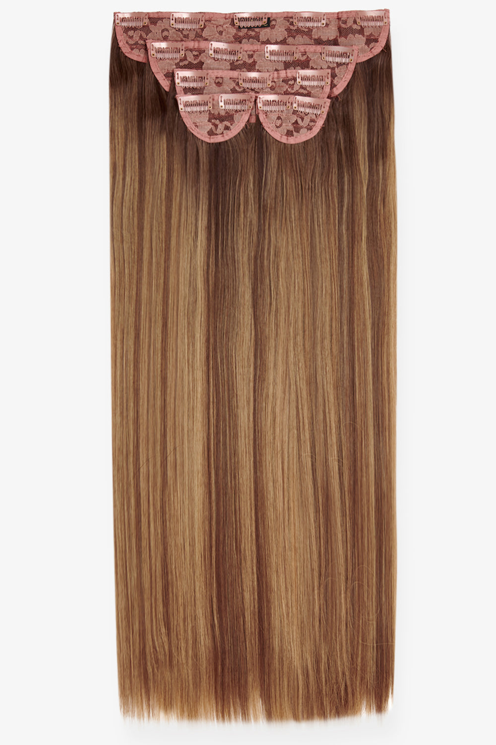 Super Thick 26" 5 Piece Straight Clip in Hair Extensions + Hair Care Bundle - Rooted Mellow Brown