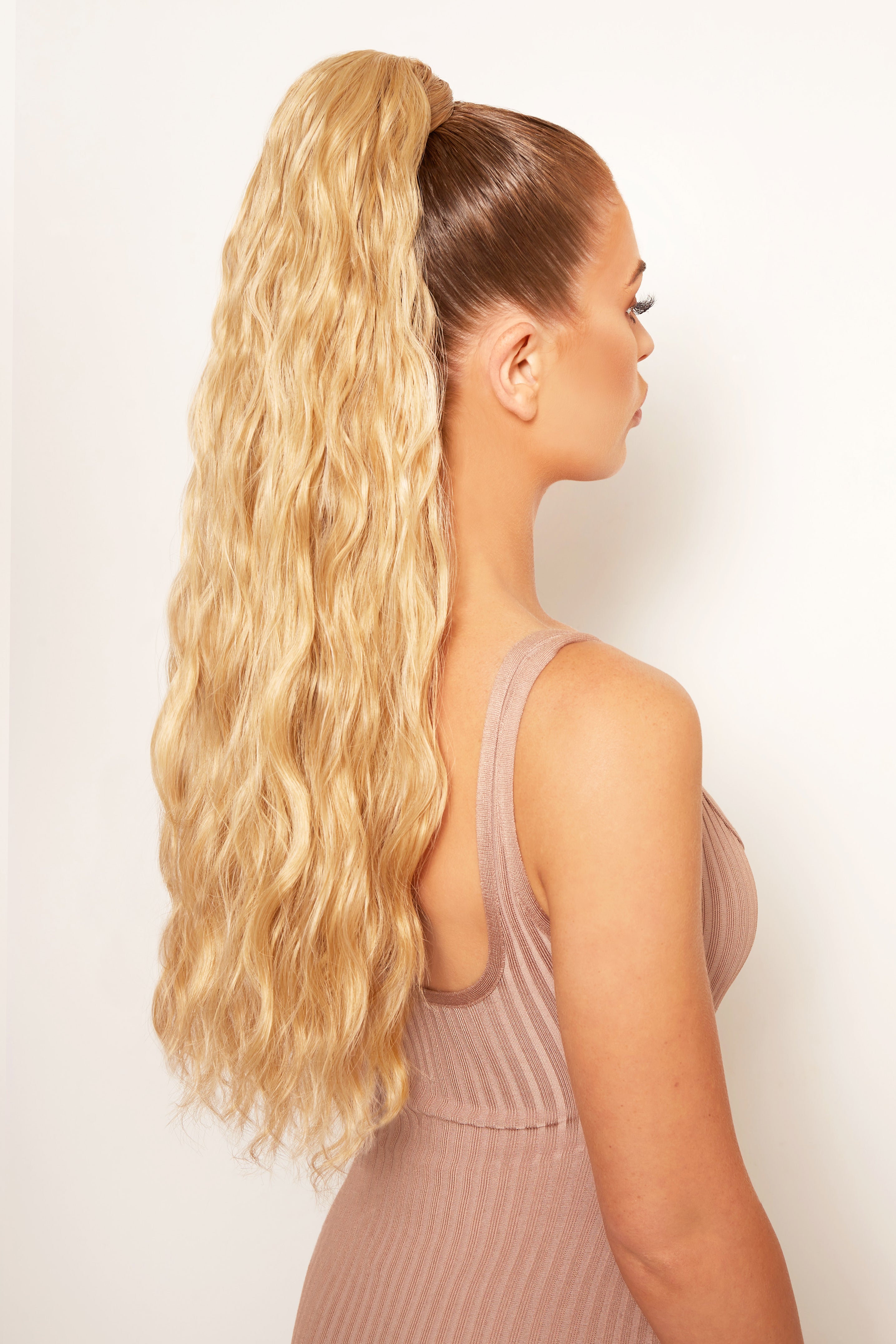 26" Textured Wavy Grande Lengths Wraparound Ponytail - LullaBellz  - Golden Blonde Festival Hair Inspiration