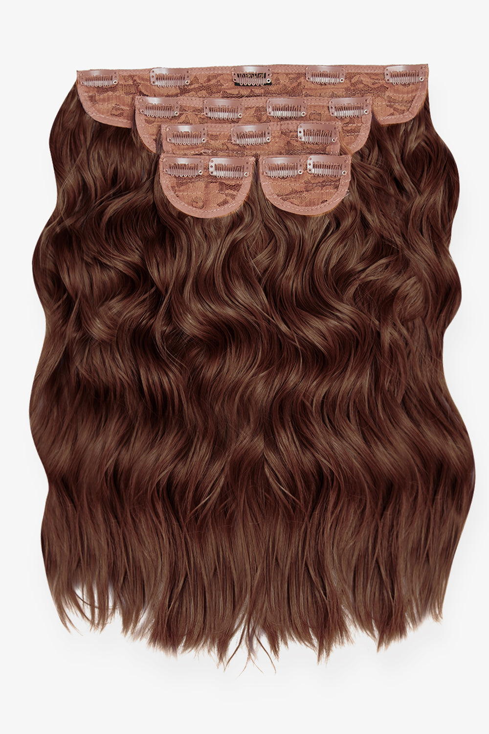 Super Thick 16’’ 5 Piece Brushed Out Wave Clip In Hair Extensions + Hair Care Bundle - Auburn